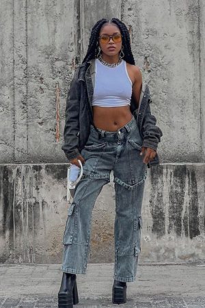 Concert Outfit Vintage Washed Denim Cargo Jeans