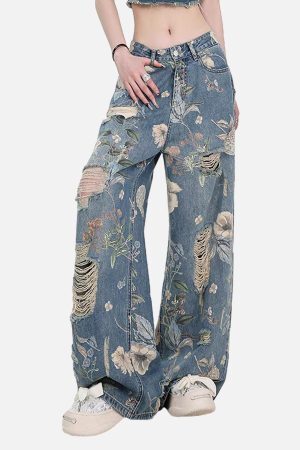 Concert Outfit Vintage Washed Distressed Floral Ripped Baggy Jeans