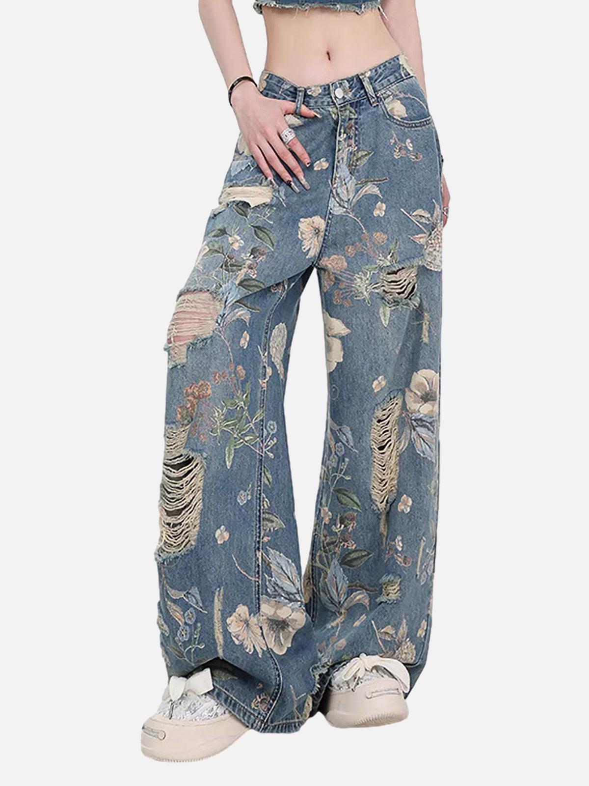 Concert Outfit Vintage Washed Distressed Floral Ripped Baggy Jeans Concert Outfit Vintage Washed Distressed Floral Ripped Baggy Jeans
