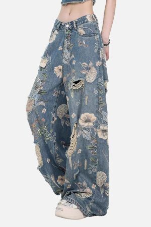 Concert Outfit Vintage Washed Distressed Floral Ripped Baggy Jeans