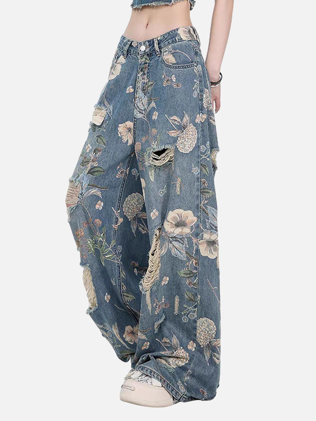 Concert Outfit Vintage Washed Distressed Floral Ripped Baggy Jeans Concert Outfit Vintage Washed Distressed Floral Ripped Baggy Jeans
