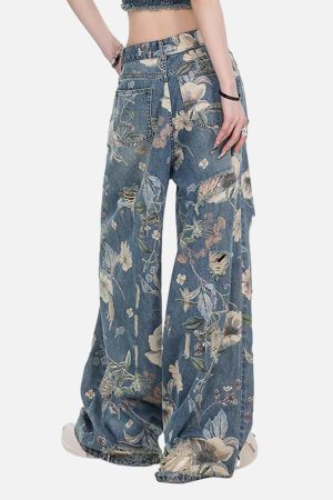 Concert Outfit Vintage Washed Distressed Floral Ripped Baggy Jeans