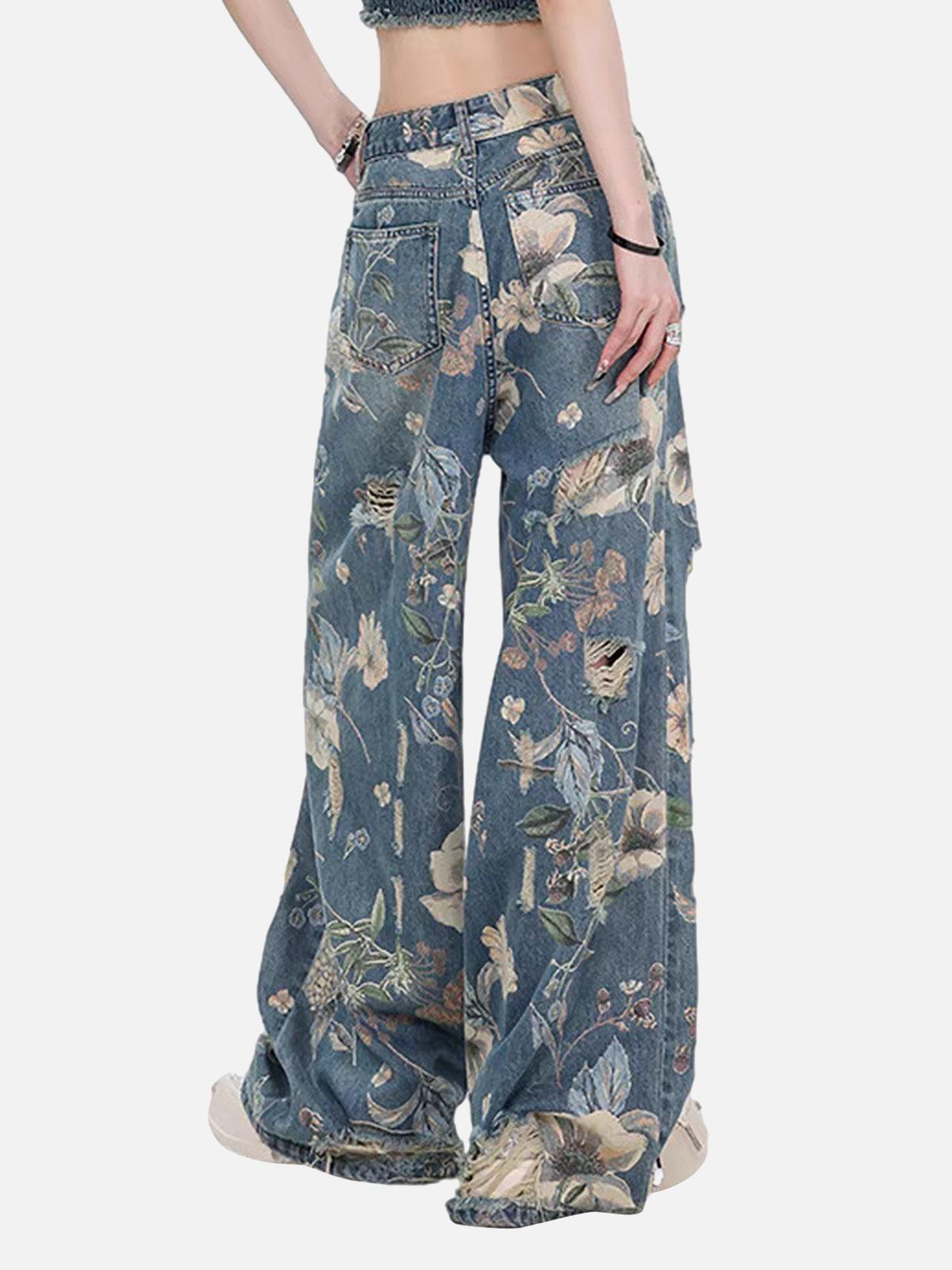 Concert Outfit Vintage Washed Distressed Floral Ripped Baggy Jeans Concert Outfit Vintage Washed Distressed Floral Ripped Baggy Jeans