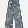 Concert Outfit Vintage Washed Distressed Floral Ripped Baggy Jeans