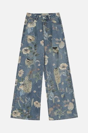 Concert Outfit Vintage Washed Distressed Floral Ripped Baggy Jeans