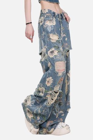 Concert Outfit Vintage Washed Distressed Floral Ripped Baggy Jeans