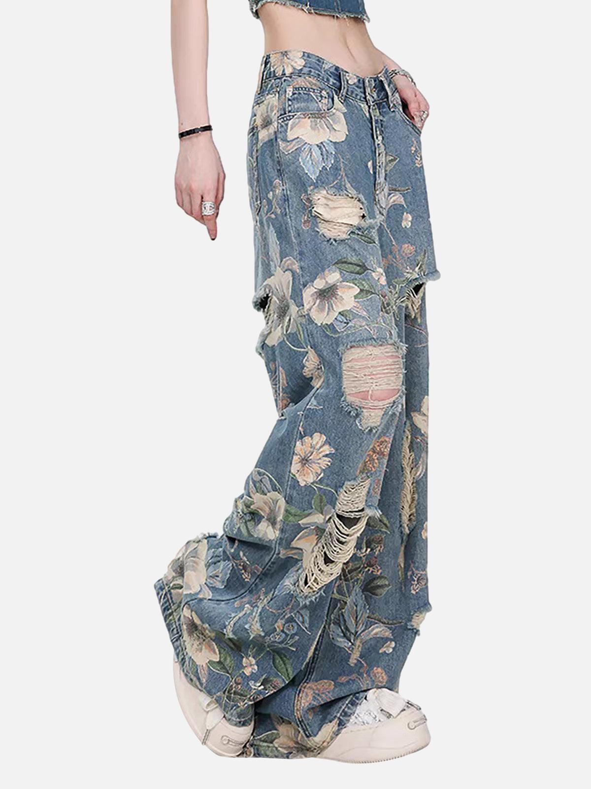 Concert Outfit Vintage Washed Distressed Floral Ripped Baggy Jeans Concert Outfit Vintage Washed Distressed Floral Ripped Baggy Jeans