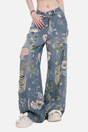 Concert Outfit Vintage Washed Distressed Floral Ripped Baggy Jeans