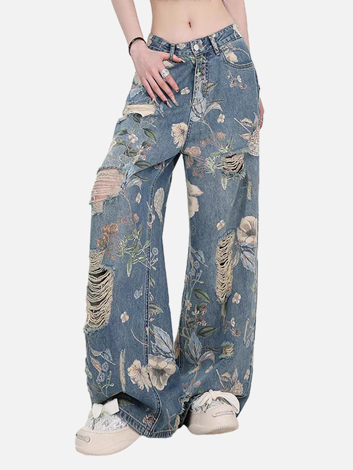 Concert Outfit Vintage Washed Distressed Floral Ripped Baggy Jeans Concert Outfit Vintage Washed Distressed Floral Ripped Baggy Jeans