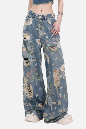 Concert Outfit Vintage Washed Distressed Floral Ripped Baggy Jeans