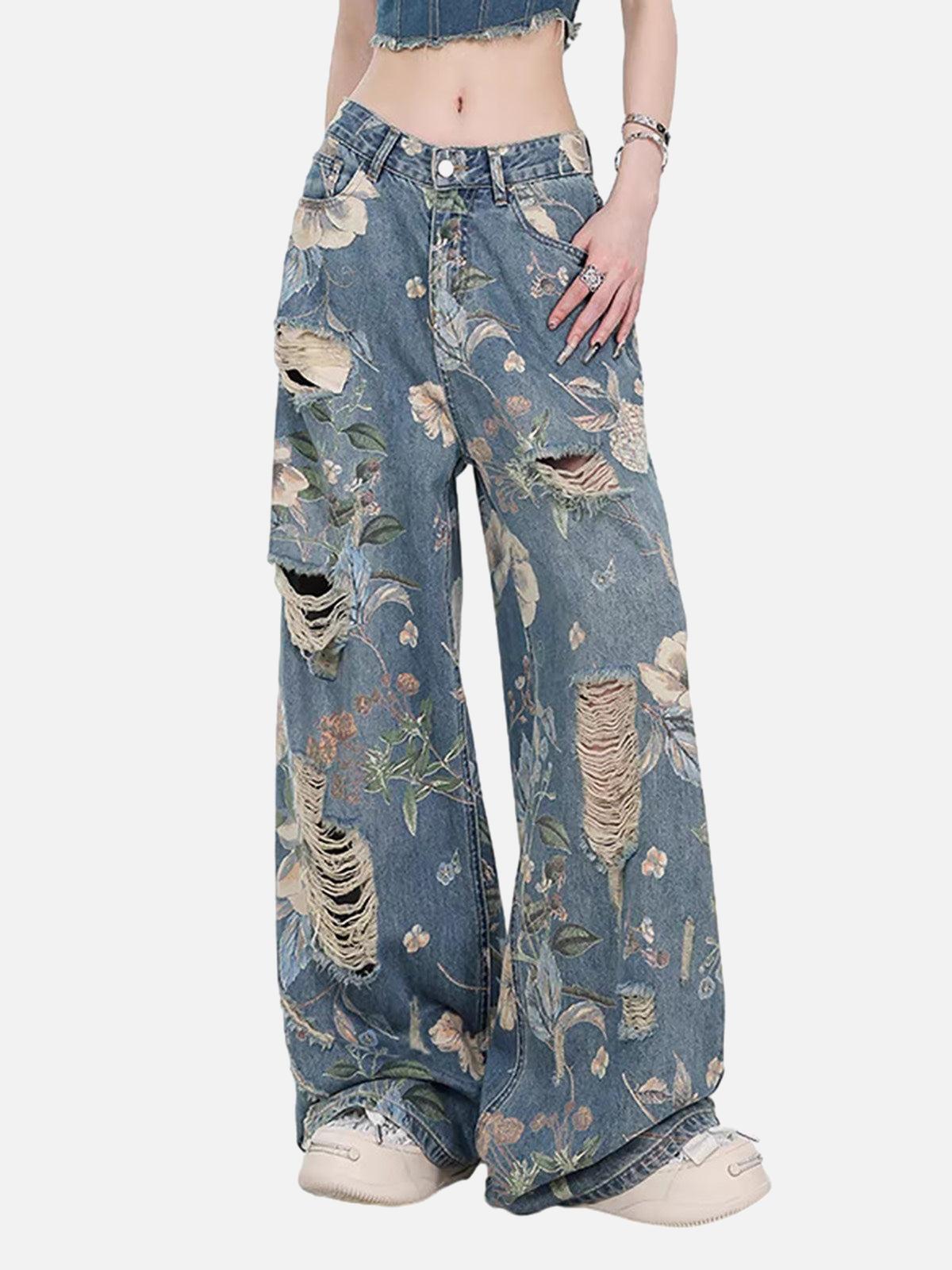 Concert Outfit Vintage Washed Distressed Floral Ripped Baggy Jeans Concert Outfit Vintage Washed Distressed Floral Ripped Baggy Jeans