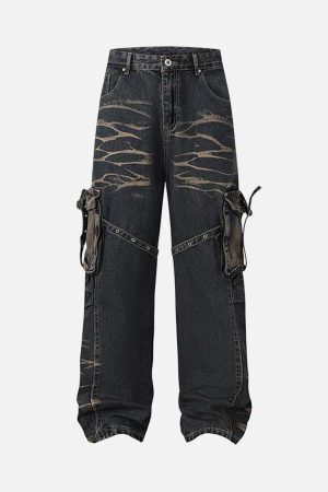 Concert Outfit Vintage Washed Distressed Multi Pocket Cargo Jeans