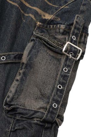 Concert Outfit Vintage Washed Distressed Multi Pocket Cargo Jeans