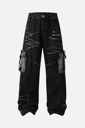 Concert Outfit Vintage Washed Distressed Multi Pocket Cargo Jeans