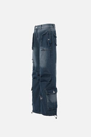 Concert Outfit Vintage Washed Multi-Pocket Jeans