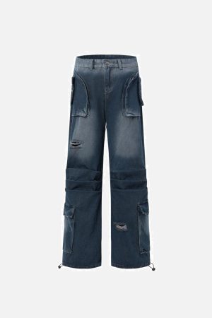 Concert Outfit Vintage Washed Multi-Pocket Jeans