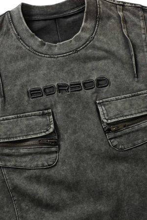 Concert Outfit Vintage Washed Multi-Pocket T-Shirt