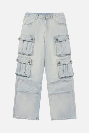 Concert Outfit Vintage Washed Multi-Pocket Work Jeans