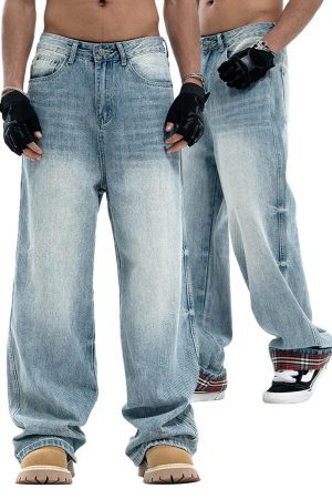 Concert Outfit Vintage Washed Plaid Baggy Jeans