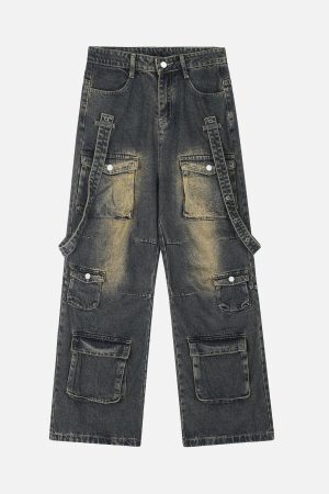 Concert Outfit Vintage Washed Web Rivets Hip-Hop Jeans