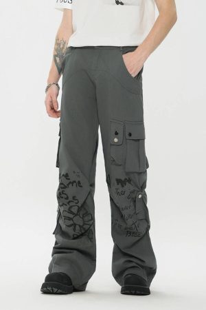 Concert Outfit Vintage Water-Slurry Print Cargo Pants