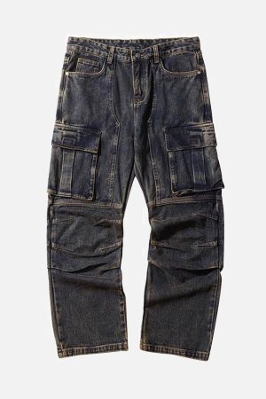 Concert Outfit Washed And Distressed Multi-Pocket Jeans