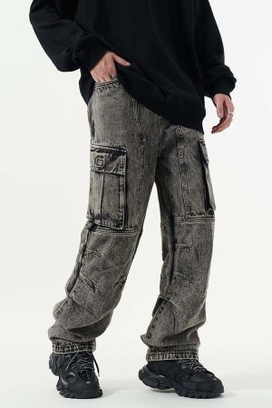Concert Outfit Washed And Distressed Multi-Pocket Jeans