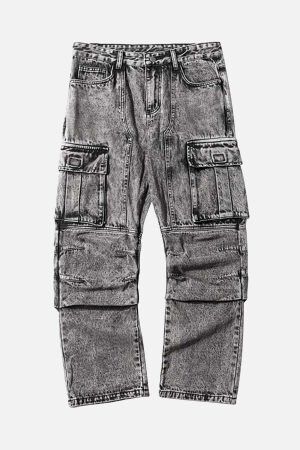 Concert Outfit Washed And Distressed Multi-Pocket Jeans