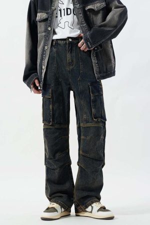 Concert Outfit Washed And Distressed Multi-Pocket Jeans