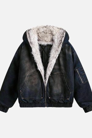 Concert Outfit Washed Denim Fur Hooded Jacket