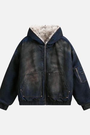 Concert Outfit Washed Denim Fur Hooded Jacket