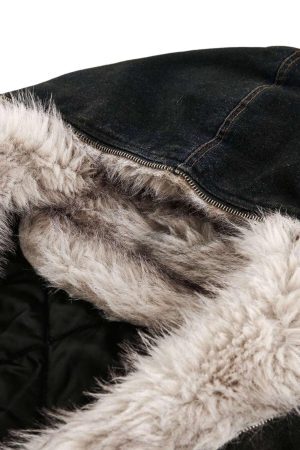 Concert Outfit Washed Denim Fur Hooded Jacket