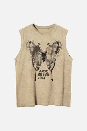 Concert Outfit Washed Distressed Butterfly Print Vest