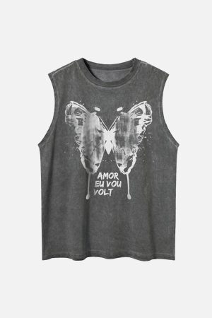 Concert Outfit Washed Distressed Butterfly Print Vest