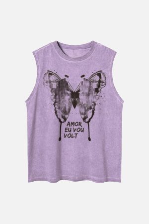 Concert Outfit Washed Distressed Butterfly Print Vest
