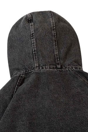 Concert Outfit Washed Distressed Denim Zip-Up Hoodie