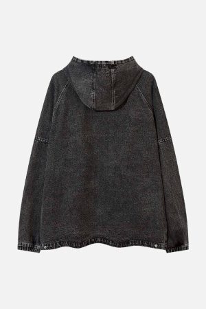 Concert Outfit Washed Distressed Denim Zip-Up Hoodie