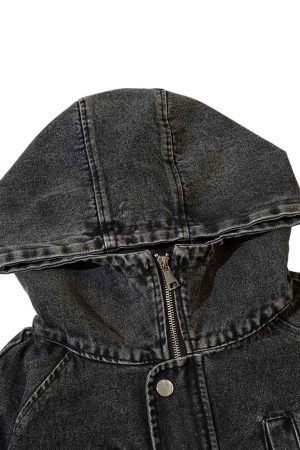 Concert Outfit Washed Distressed Denim Zip-Up Hoodie