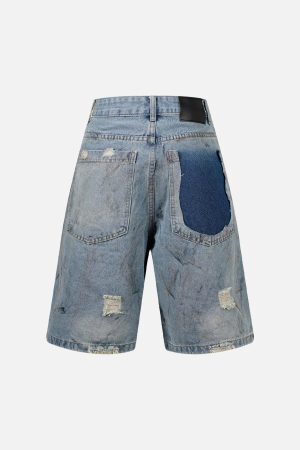 Concert Outfit Washed Distressed Dirty-Dyed Ripped Denim Shorts