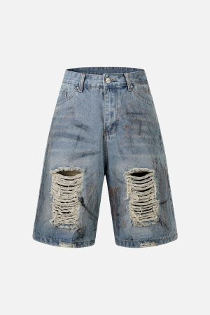 Concert Outfit Washed Distressed Dirty-Dyed Ripped Denim Shorts