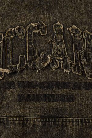 Concert Outfit Washed Distressed Letter Embroidered Denim Hoodie