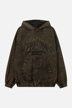 Concert Outfit Washed Distressed Letter Embroidered Denim Hoodie