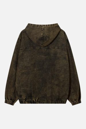 Concert Outfit Washed Distressed Letter Embroidered Denim Hoodie