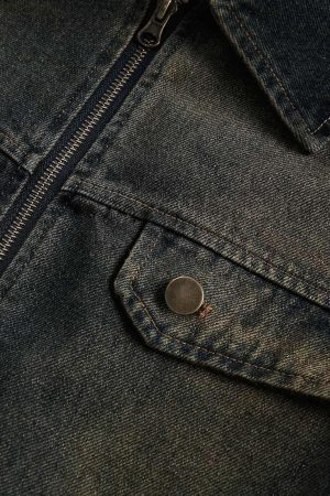 Concert Outfit Washed Distressed Multi-Pocket Denim Jacket