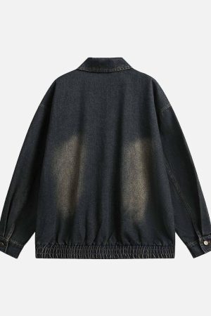 Concert Outfit Washed Distressed Multi-Pocket Denim Jacket