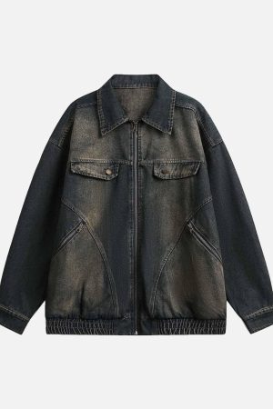 Concert Outfit Washed Distressed Multi-Pocket Denim Jacket
