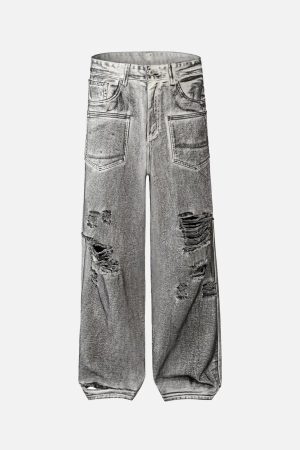 Concert Outfit Washed Distressed Multi-Pocket Ripped Jeans