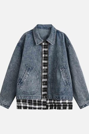 Concert Outfit Washed Distressed Patchwork Faux Two-Piece Denim Jacket