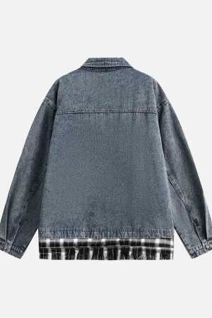 Concert Outfit Washed Distressed Patchwork Faux Two-Piece Denim Jacket
