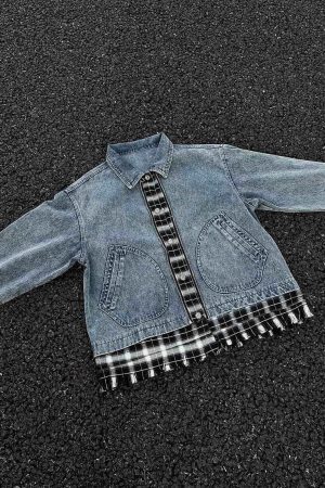 Concert Outfit Washed Distressed Patchwork Faux Two-Piece Denim Jacket